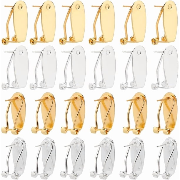1 caja de 32 piezas de postes de clip para aretes, cierres de clip franceses, pequeños aretes de clip dorados, bandeja en blanco de latón, base de aro plateada, accesorios para convertidor de aretes