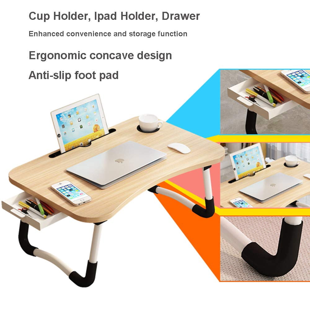 Lap Desk With Storage Drawer  Holders For Cup And Tablet Laptop Bed Tray Table Foldable Stand Portable Standing Sofa Couch Floor (23" Walnut)
