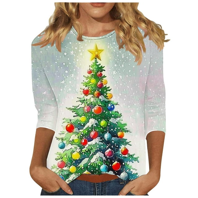 Lcziwo T-Shirts à Manches 3/4 pour Femmes Col Rond Hauts de Noël des Fêtes Blouses Amples à Imprimé Arbre Scintillant Xmas 2025 Mode d'Automne T-Shirts Décontractés Blanc,TTTG