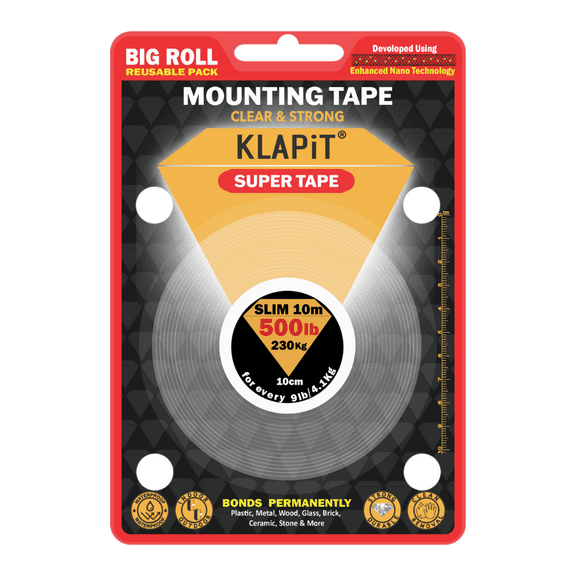 KLAPiT Super Tape Double-Sided Mounting Tape, Holds up to 500 lb, 33 feet, 1 Pc pack for Home & Office