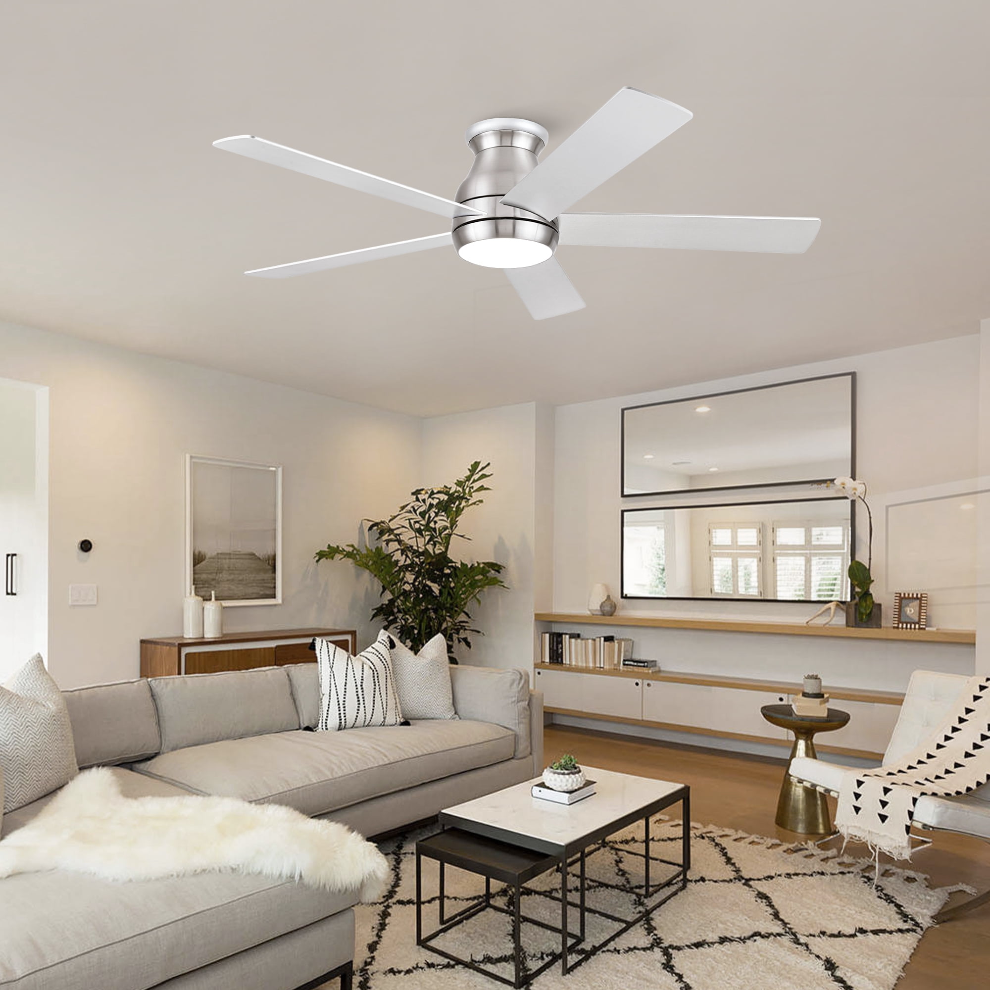 Wellspeed 52 in. Indoor Integrated LED Brushed Nickel Low Profile Ceiling Fan with 5 Plywood Blades