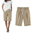 thumbnail image 2 of vigerkar Women's Elastic Waist Knee Length Casual Cotton Bermuda Shorts with Drawstring Khaki, XL, 2 of 6
