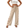 thumbnail image 2 of VBVC Women's Drawstring Cotton-Linen Pants,Floral Cutout Wide Leg Trousers For Women,Ladies Lightweight Boho Beachwear with Pockets,Beige,S-2XL, 2 of 7