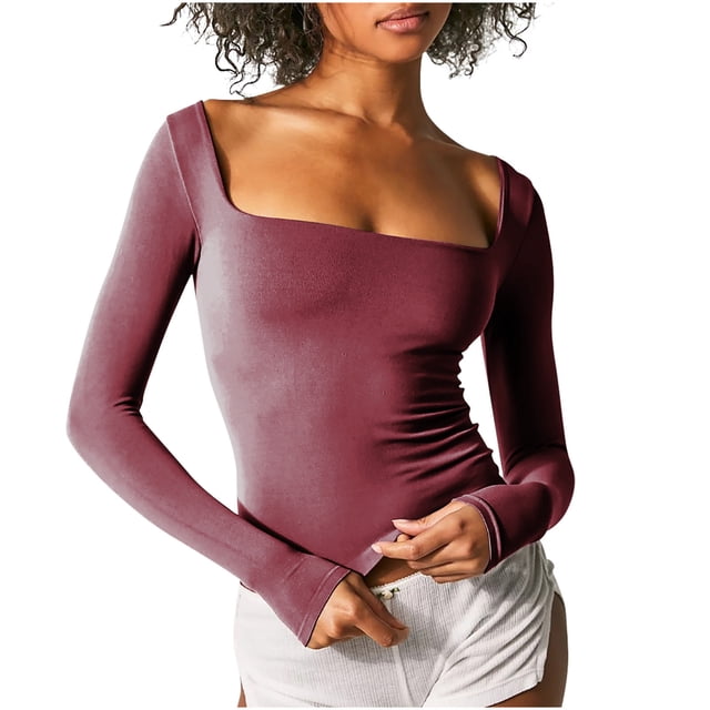 FAIWAD Haut Court à Manches Longues Col Carré pour Femmes Couleur Unie Extensible Basique