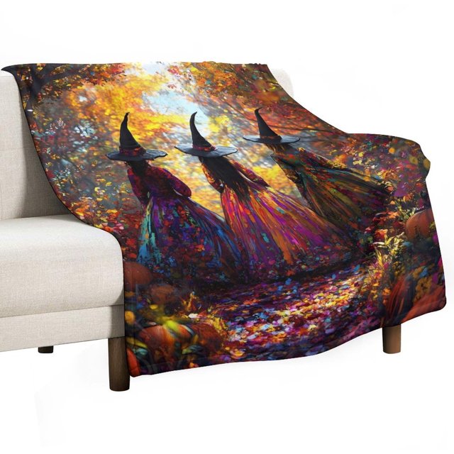 Manta súper suave con diseño de calabaza de Halloween y brujas retro, manta navideña de franela de microfibra para sofá cama, mullida y cálida de 60 x 80 pulgadas