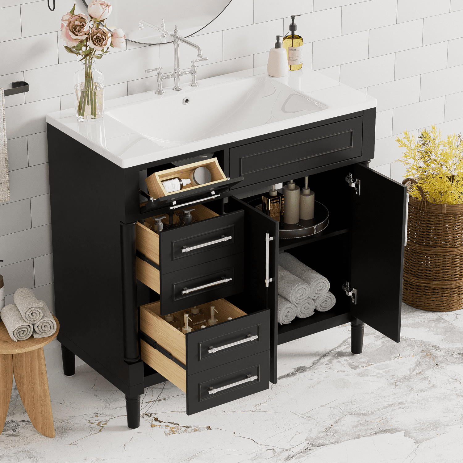 Harper & Bright Designs 36'' Bathroom Vanity with Top Resin Sink, Bathroom Storage Cabinet with 2 Drawers and Tip-out Drawer, Solid Wood Frame Vanity Set with Adjustable Shelf, Black