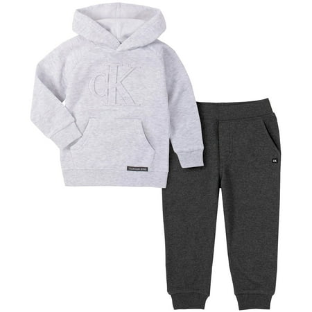 Calvin Klein WHITE HEATHER/STEALTH HEATHER Boys' 2 Pieces Hooded Jog Set, US 4