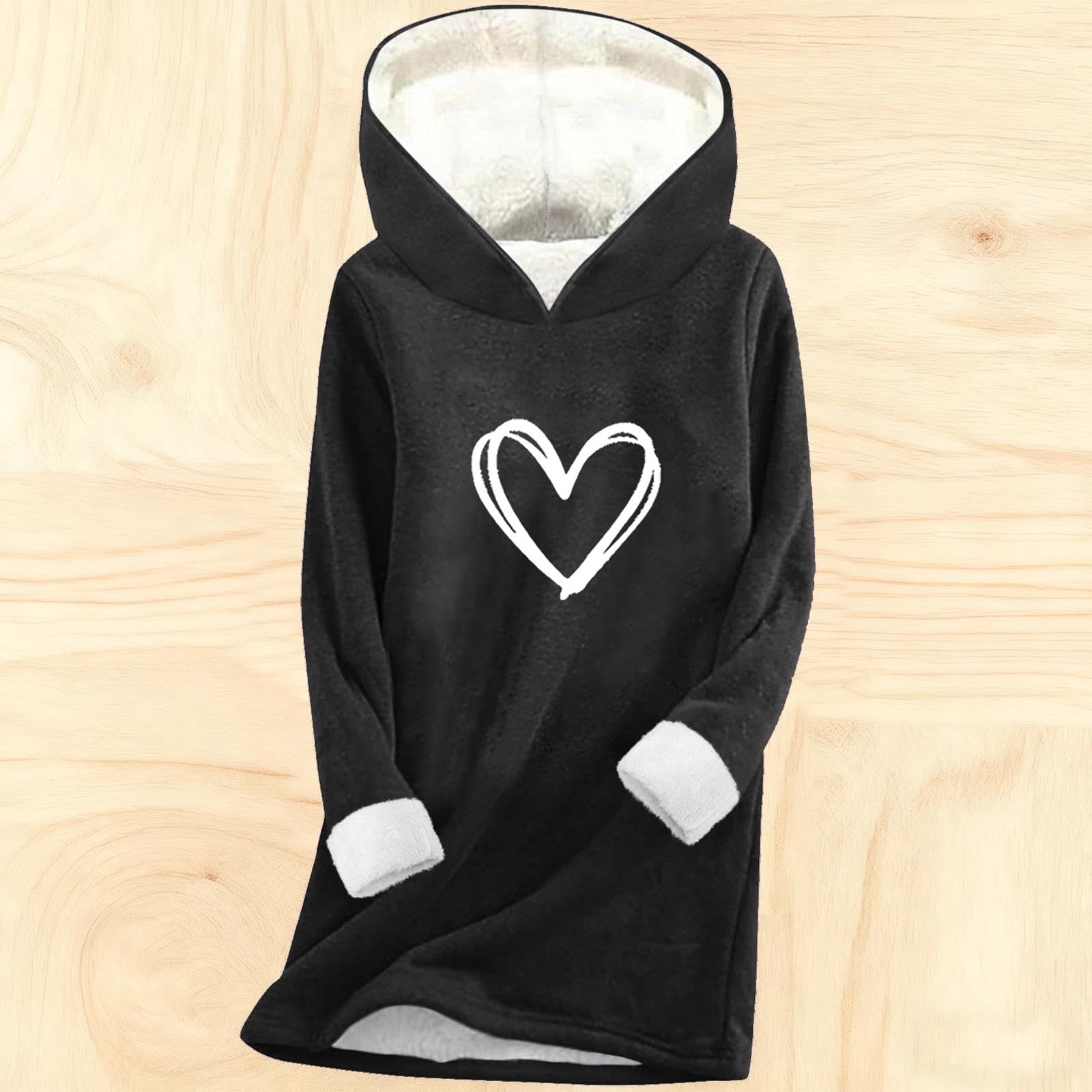 asdoklhq Funny Valentine's Day Tees for Women Fashion Women's Printing Thickened Fashionable Casual Long Sleeved Hooded Sweatshirt Black S