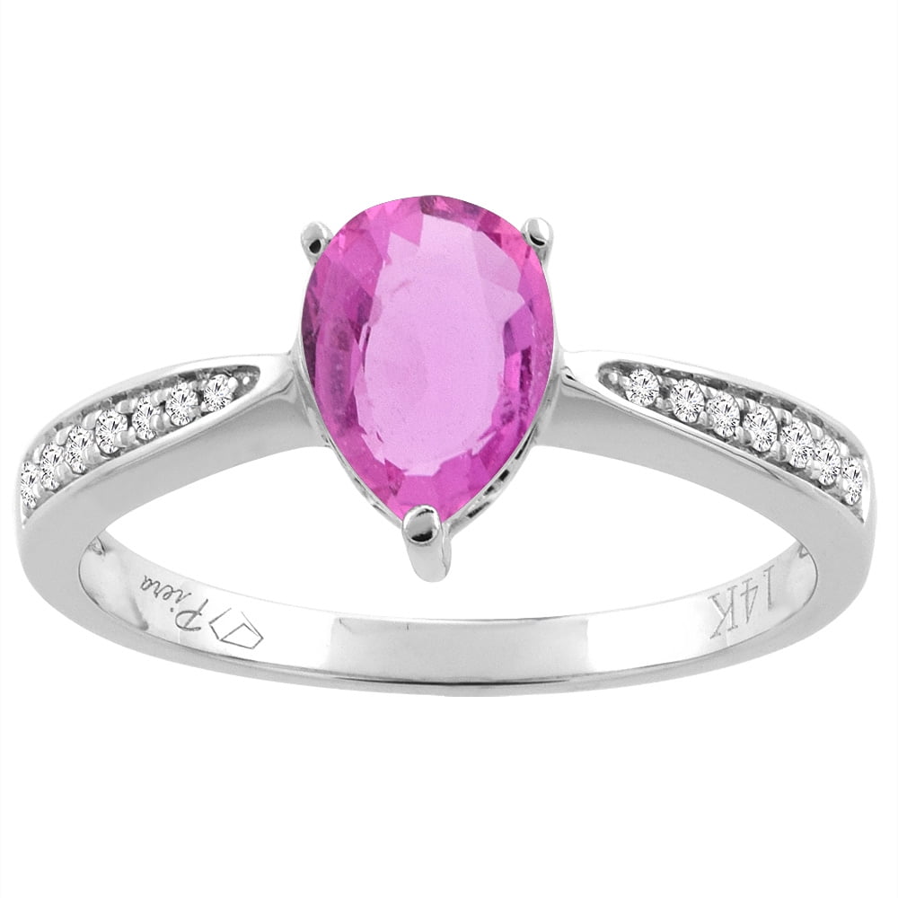 14K White Gold Natural Pink Sapphire Ring Pear Shape 8x6 mm Diamond Accents, size 5 by Gabriella Gold