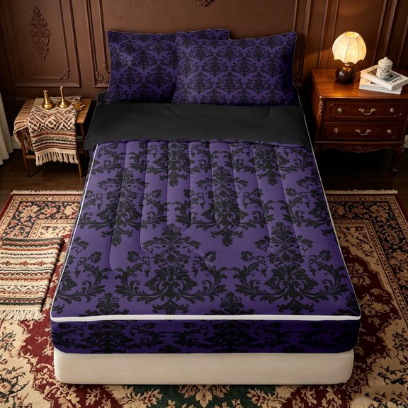 Erosebridal Baroque Damask Flower Zipper Twin Comforter Sets with Fitted Sheet and 2 Pillowcases for Women Men, Violet Hippie Scroll Zipper Bedding Set, Black Reversible, 4-Piece