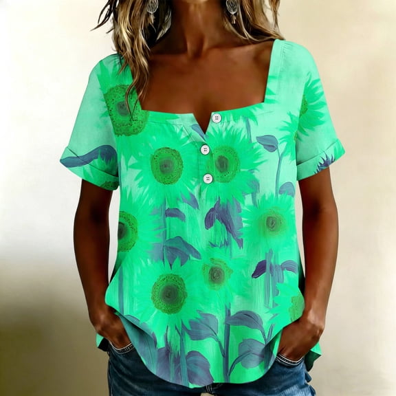 Yrmaups Loose Fit Short Sleeve T Shirt for Women Plus Size, Sunflower Square Neck Blouse, Casual Button Down Top, Soft Stretch Tee for Party Vacation Daily Wear, Green S
