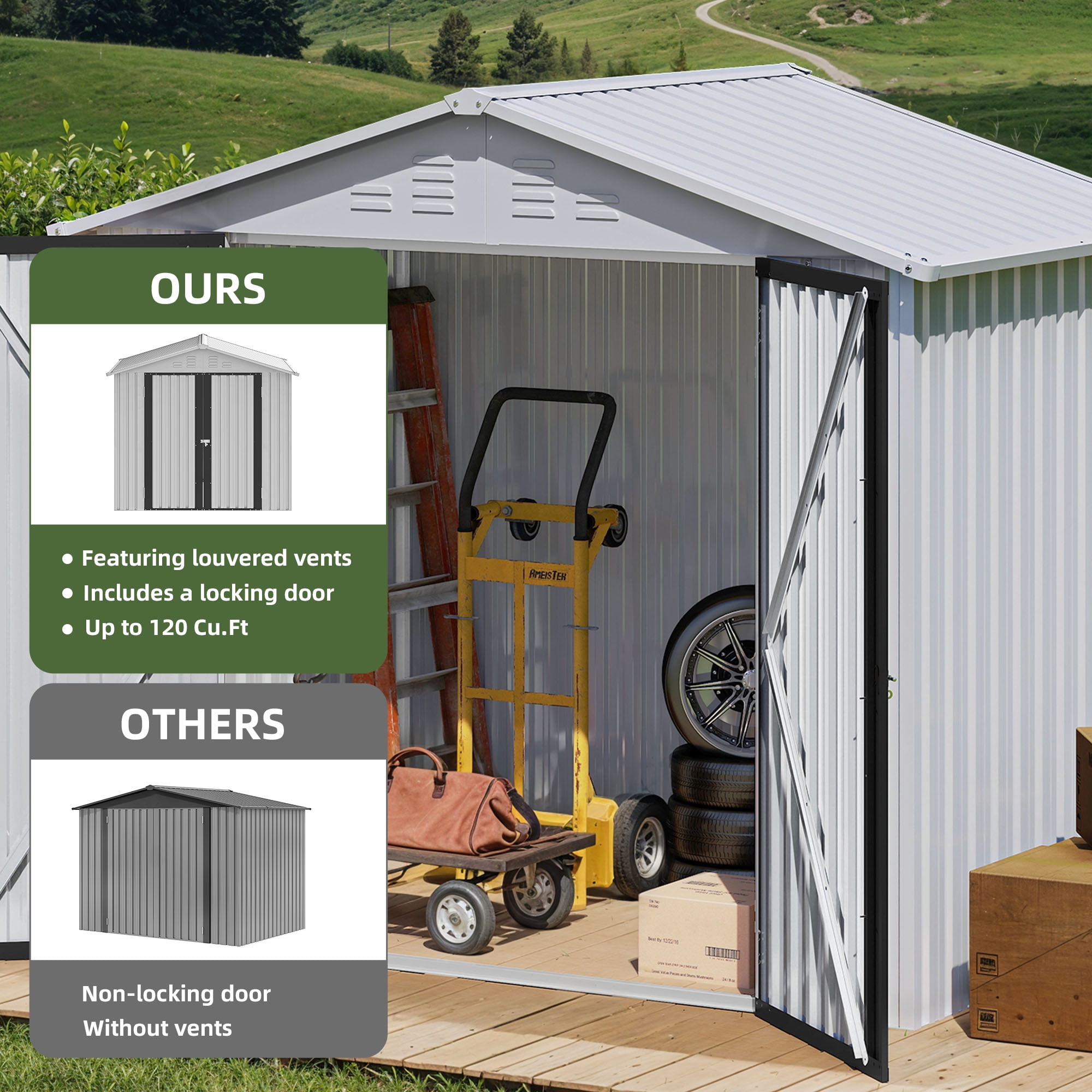 Uforic 6x4ft Metal Outdoor Storage Shed, Lockable and Waterproof with Gable Roof & Vents, White