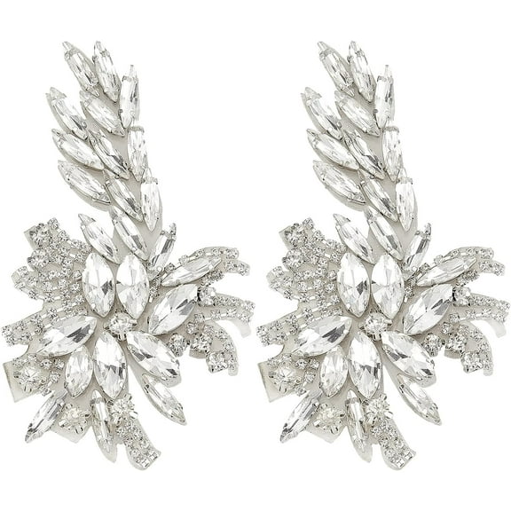 2PCS Flower Applique Patch (Platinum 3.9x2.2 inch) Flower Leaf Glass Rhinestones Applique Sew on Patch Wedding Bridal Belt Applique DIY Embellishments for Costumes Shoes for diy