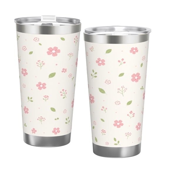 20oz Delicate Pink Floral Tumbler with Handle Stainless Steel Insulated Travel Coffee Cup Gift with Double Silver Rim