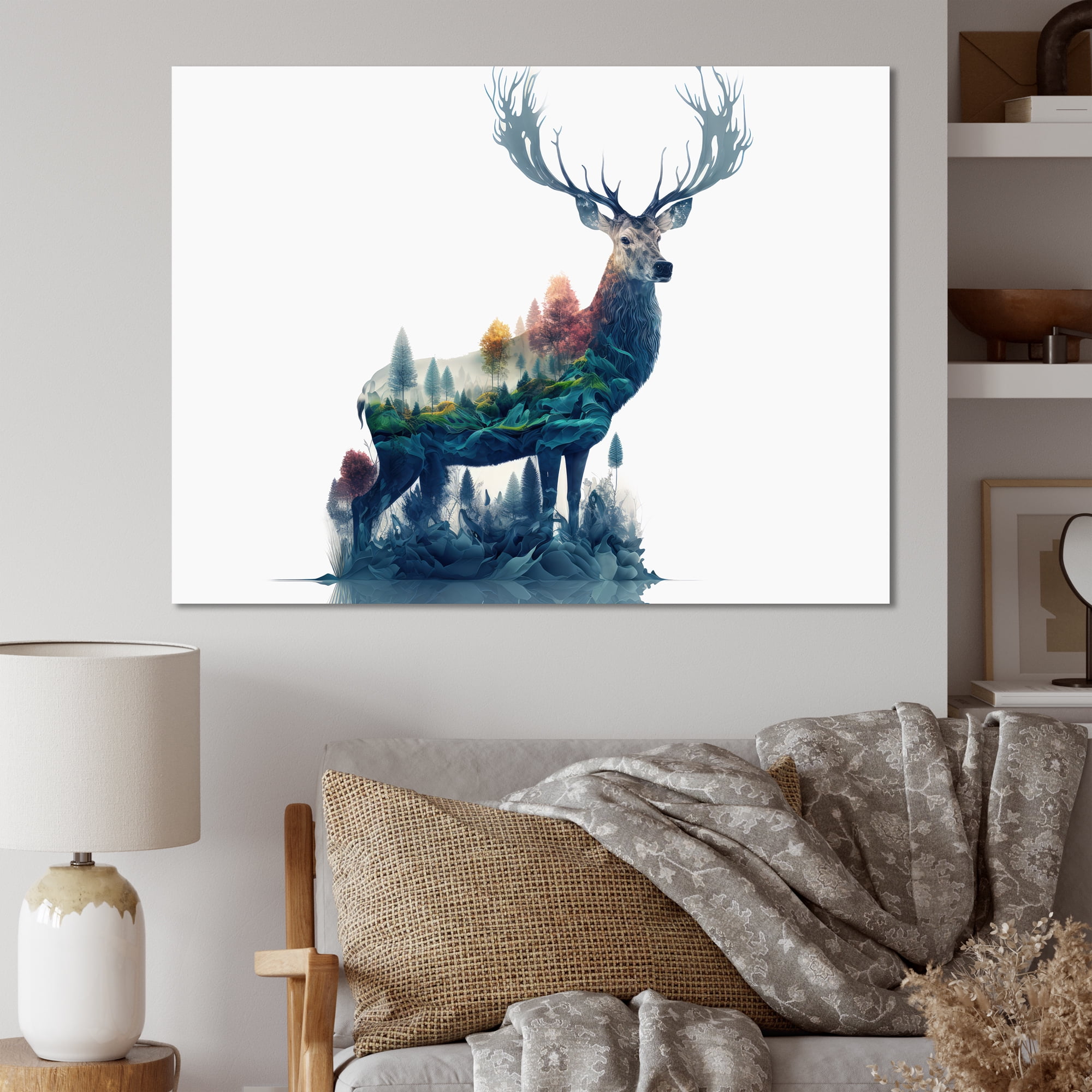 Designart Double Exposure Of A Deer With Forest Canvas Wall Art