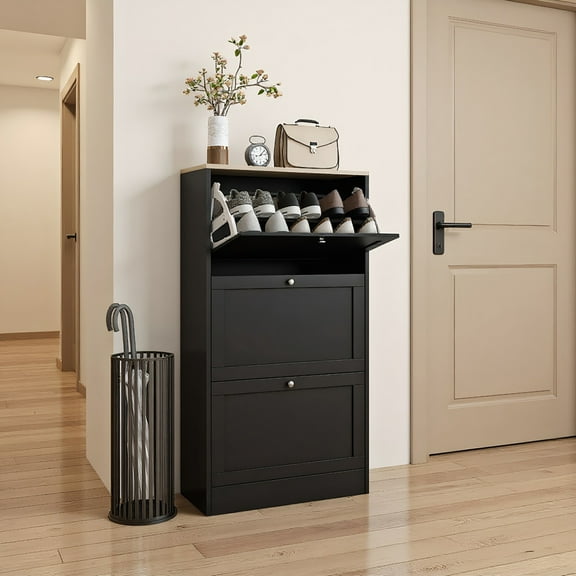 GVN Shoe Storage Cabinet, Shoe Organizer,Modern Shoe Storage Cabinet with 3 Flip Drawers and Adjustable Shelves for 18 Pairs of Shoes, Black