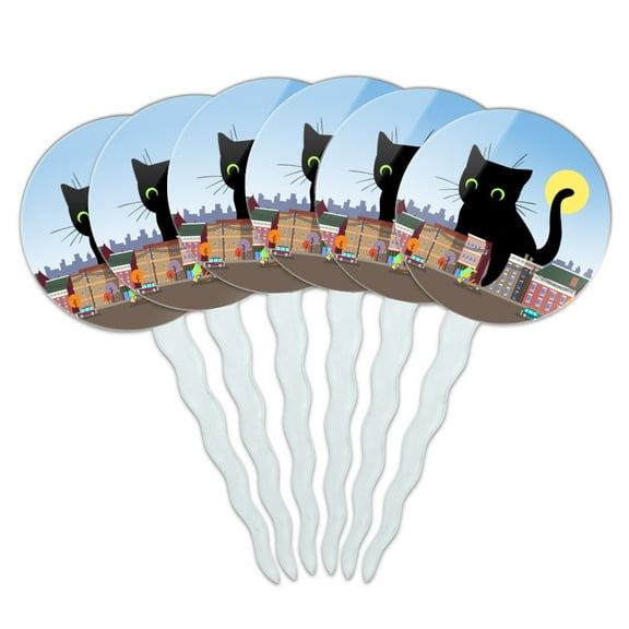 Giant Black Cat Playing with Cars Cupcake Picks Toppers Decoration Set of 6