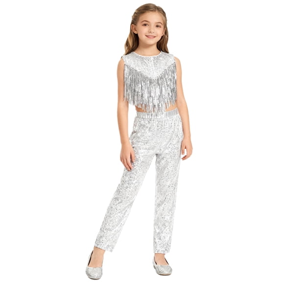 YiZYiF Big Girls Disco Dancing Queen 2 Pcs Outfit Sequins Sleeveless Tassel Crop Top with Long Pants Silver 6