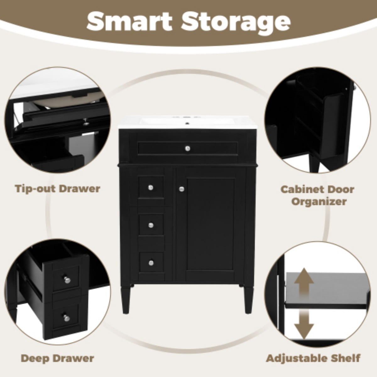 24" Bathroom Vanity with Sink, Modern Freestanding Bathroom Vanity Cabinet with Ceramic Sink, 3 Drawers & Tip-Out Drawer, Adjustable Shelf, Green Storage Cabinet, Black