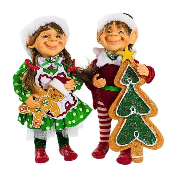 Karen Didion Gingerbread Elf Set - Two Elves 9.5 Inch, Plastic - Girl Boy Christmas Cc0924