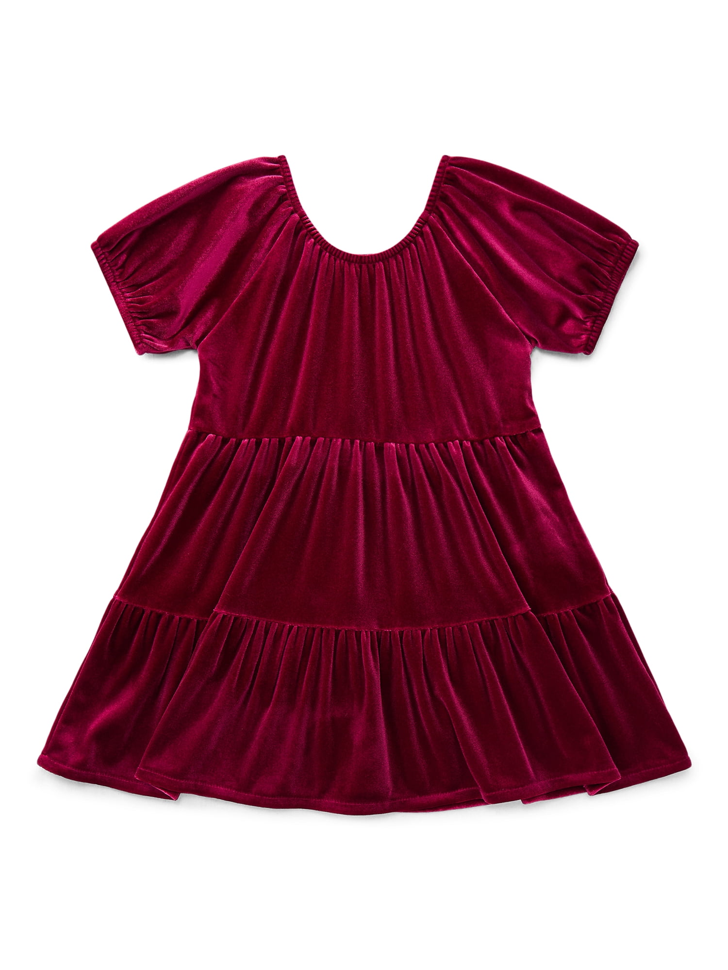 Wonder Nation Toddler Girls Tiered Velvet Dress with Puff Sleeves, Sizes 12M-5T