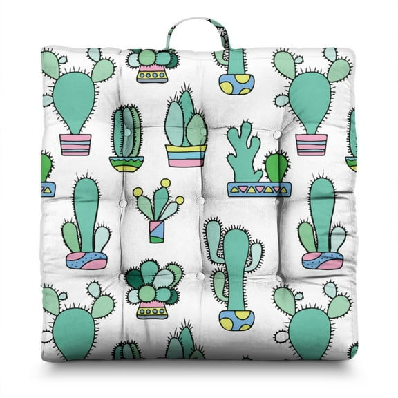Desert Style Meditation Pouf - Oversized Square Floor Pillow, Retro Cactus Design, 9-Point Tufting for Even Filling, Ideal for Office or Living Room