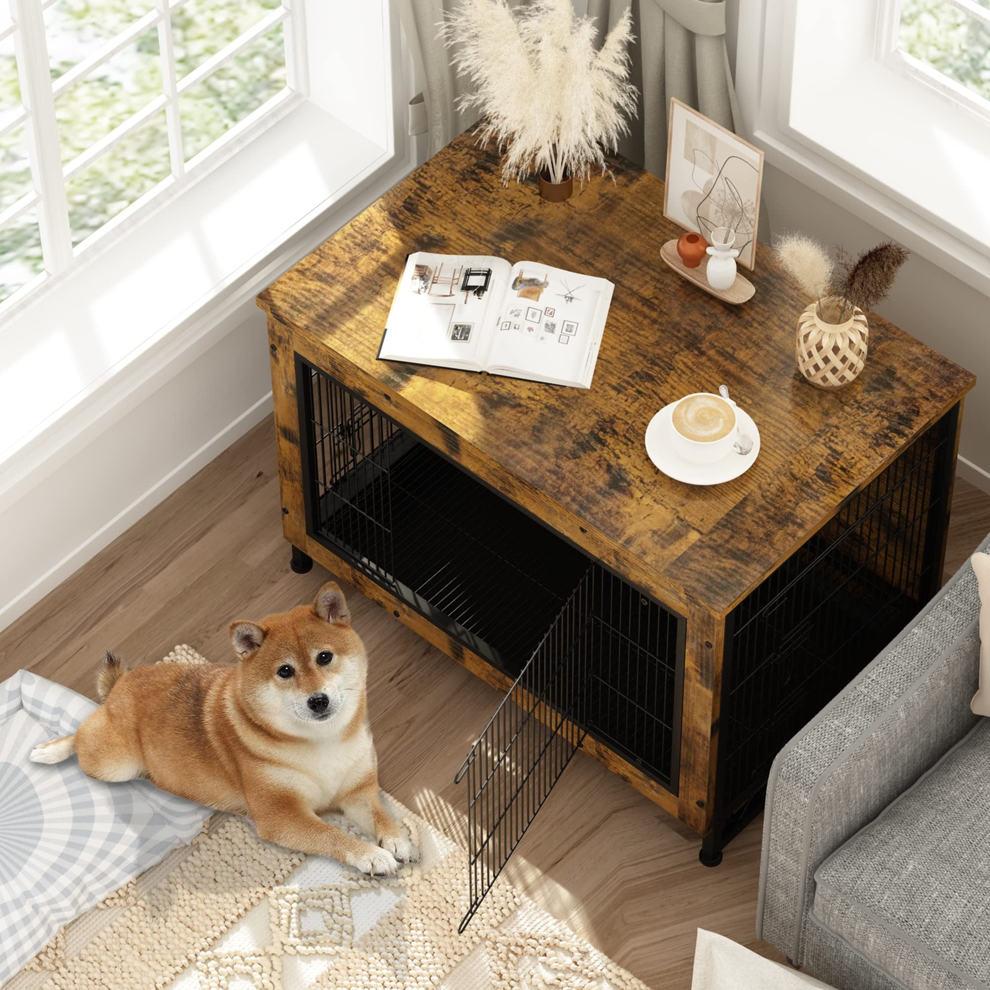 Lamerge Wooden Dog Crate Furniture with Pull Out Tray 3 Doors Dog Kennel Dog Crate Table Indoor for Small Medium Large Dog 44.3 L Heavy Duty Dog Cage Brown Walmart