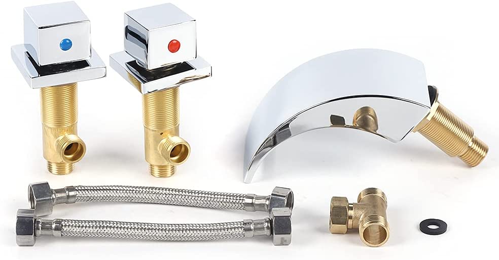 Miumaeov Led Waterfall Faucet, 3 Colored Changing Bathroom LED Light Sink Faucet, LED Light Faucet with Dual Handles & 3 Holes, Premium Brass Body Bathroom Sink Faucet