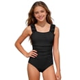 thumbnail image 2 of EliteGoogv Girls One Piece Swimsuit Sleeveless Ruffle Strap Ruched Waist Back Cutout Bathing Suit For Beach Pool Summer,Black,11, 2 of 6