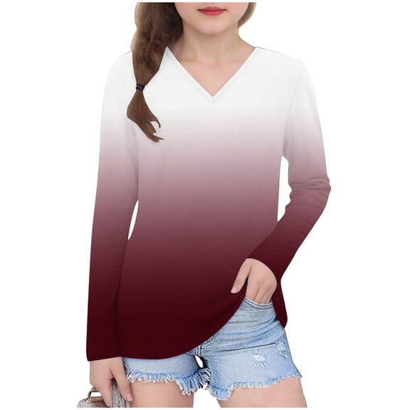 Efsteb Long Sleeve Shirts for Girls V-Neck Casual Soft Tunic Tops Lightweight Gradient Print Long Sleeve Shirt for Daily wear(Wine,9 Years)