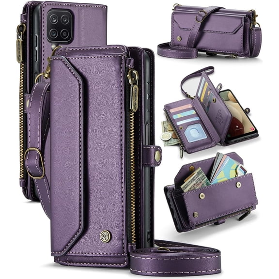 Wallet Case Compatible with Samsung Galaxy A12 5G 6.5" RFID Blocking 10-Card Holder PU Leather Magnetic Snap Shoulder Strap Zipper Pocket Phone Case Fit for Samsung Galaxy A12 5G