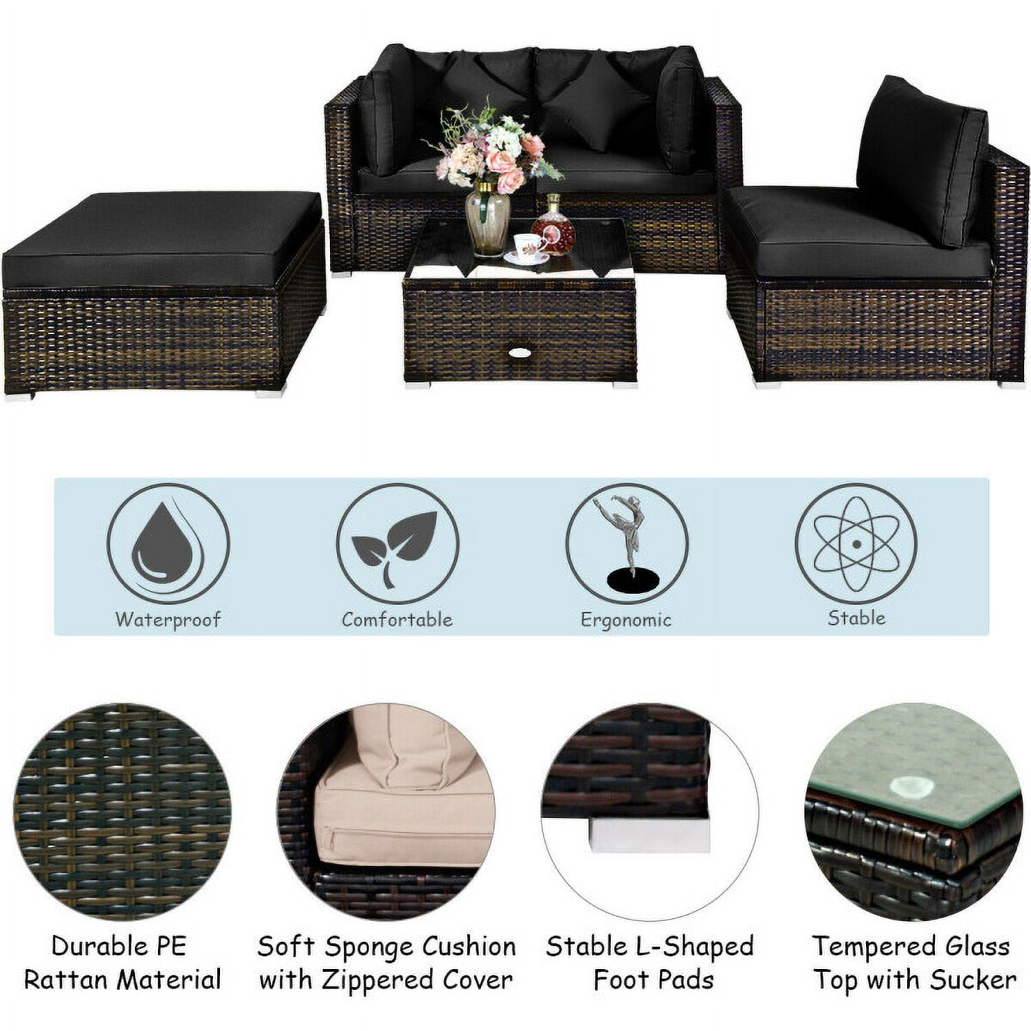 Aimee Lii 5 Pcs Outdoor Patio Rattan Furniture Set Sectional Conversation with Cushions, Outdoor Patio Set, Black