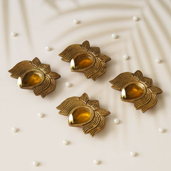 Set Of 4 Traditional Golden Designer Lotus Shaped Brass Diyas | Auspicious Decorative Diya For Puja Room, Home, Gift For Diwali