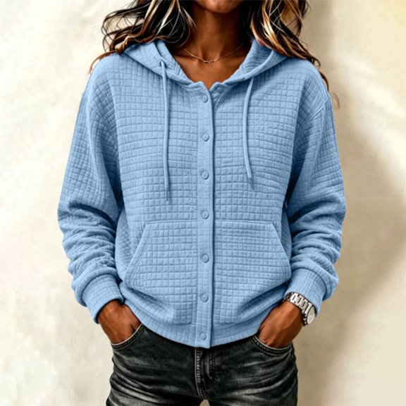 Tusihei Women Fall Winter Hooded Fleece Shacket Button Down Casual Cardigan Pullover Solid Warm Loose Coat Jacket for Women Outdoor Lounge, Light Blue 2XL