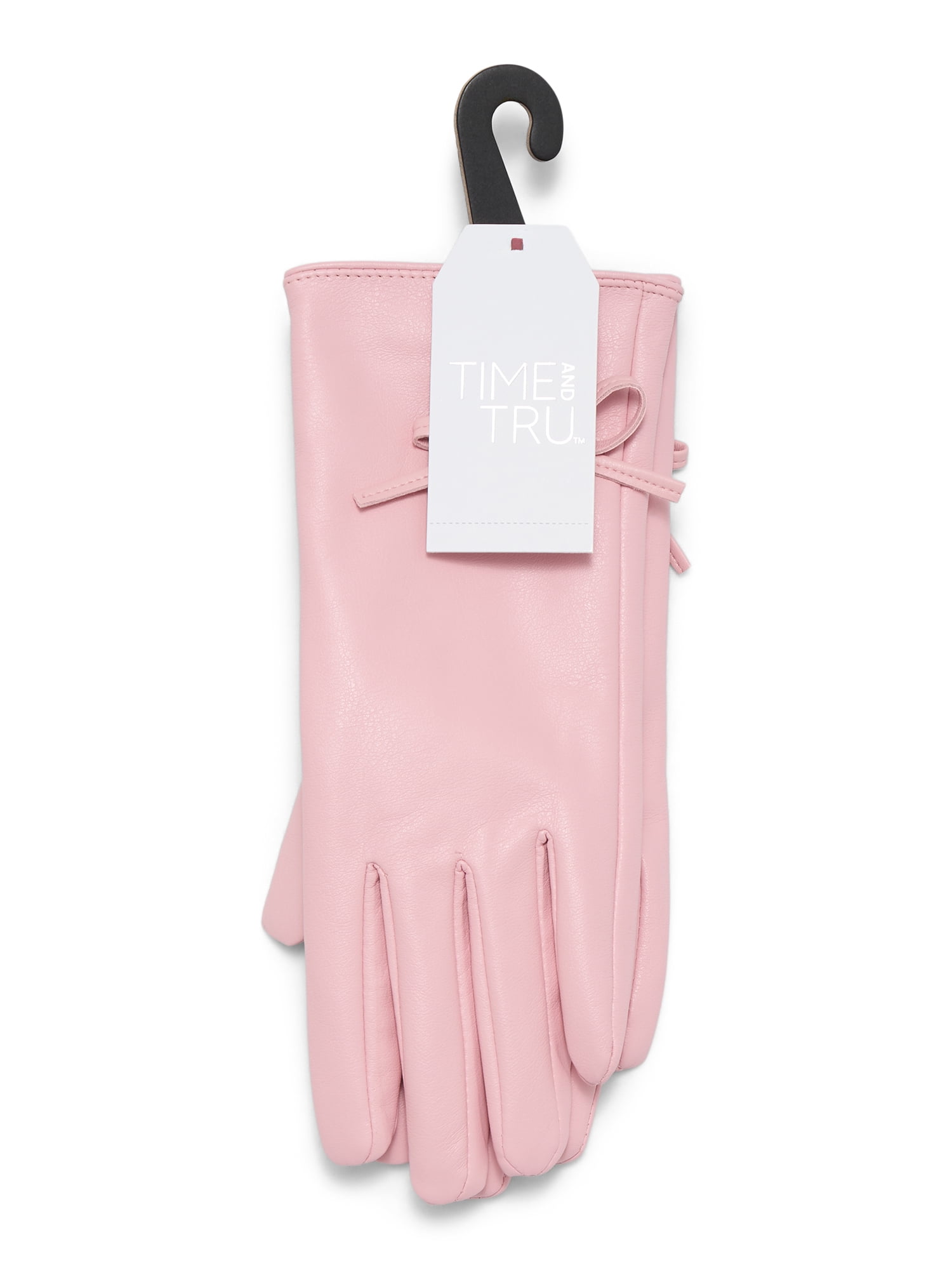 Time and Tru Women's Bow Accent Faux Leather Gloves, Soft Pink, Sizes S/M-L/XL