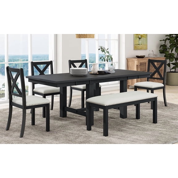 Farmhouse 6-Piece Extendable Dining Set, 82 inch Table with Footrest and 2 Removable Leaves, 4 Upholstered Chairs and Bench for 6 People, Solid Acacia Wood, Black