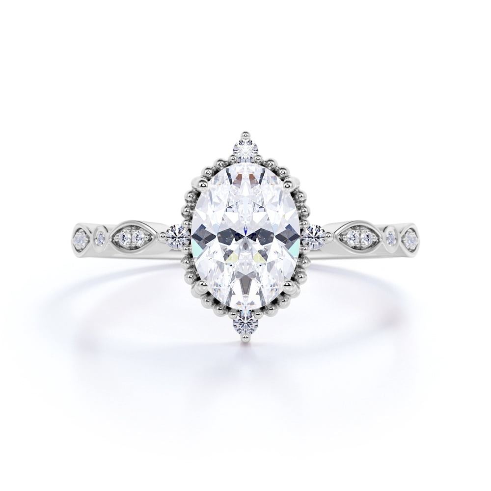 JeenMata 1.5 Carat Oval Cut Moissanite Engagement Ring - Bridal Set - 7 Stone Ring - Handmade Ring - 18k White Gold Over Silver