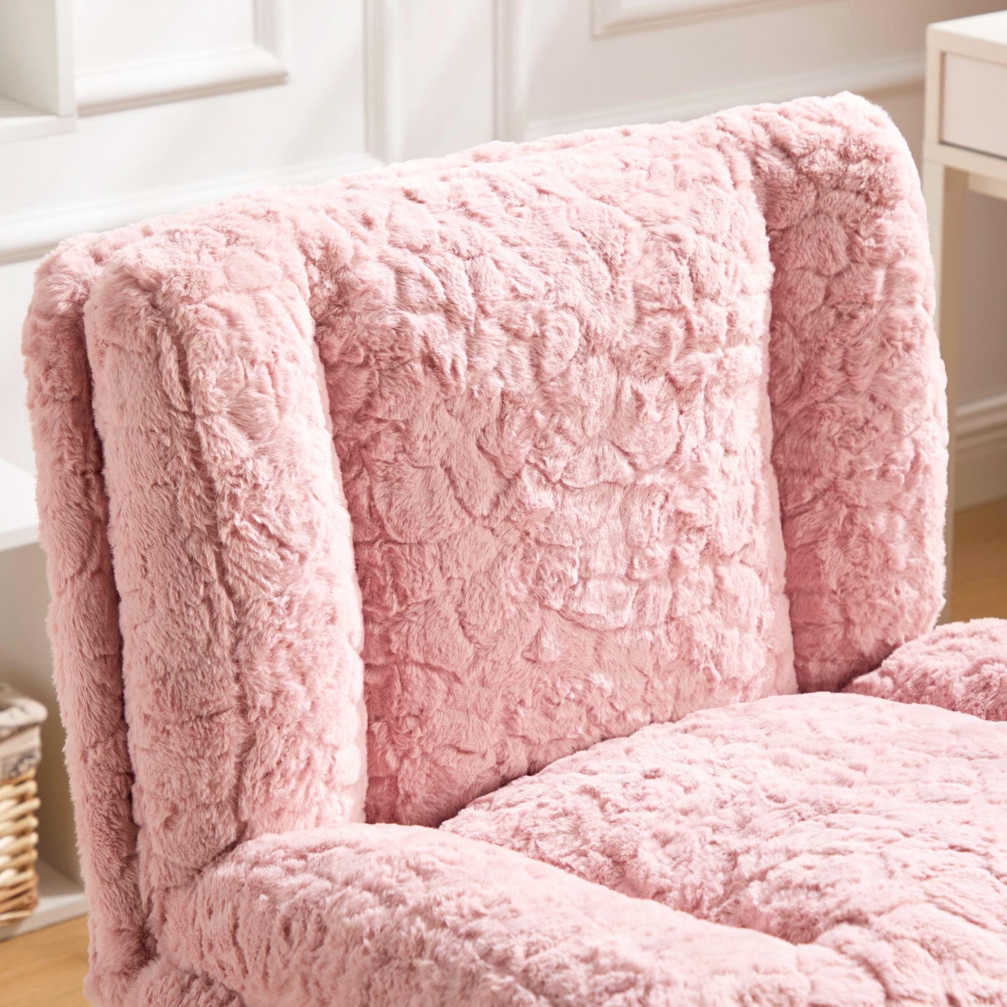 PORKISS Vanity Chair Makeup Chair, Home Office Chair, Ergonomic Desk Chair with Soft Faux Alpaca, Adjustable Swivel Task Computer Chair with Wheels, Pink