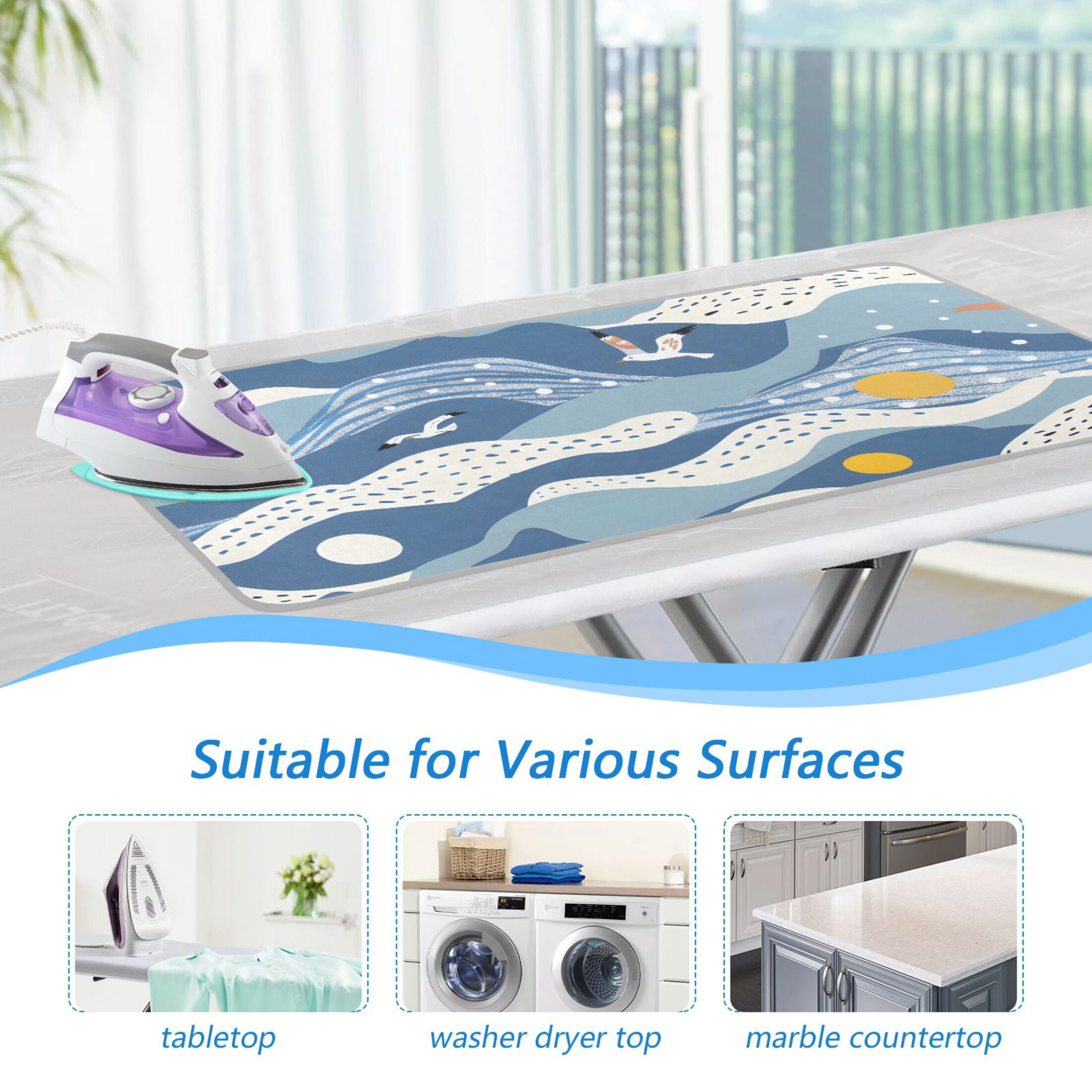 Cute Summer Beach Wave Gulls Ironing Mat Blanket Portable Travel Ironing Pad Heat Resistant Pad 47.2" x 27.6”