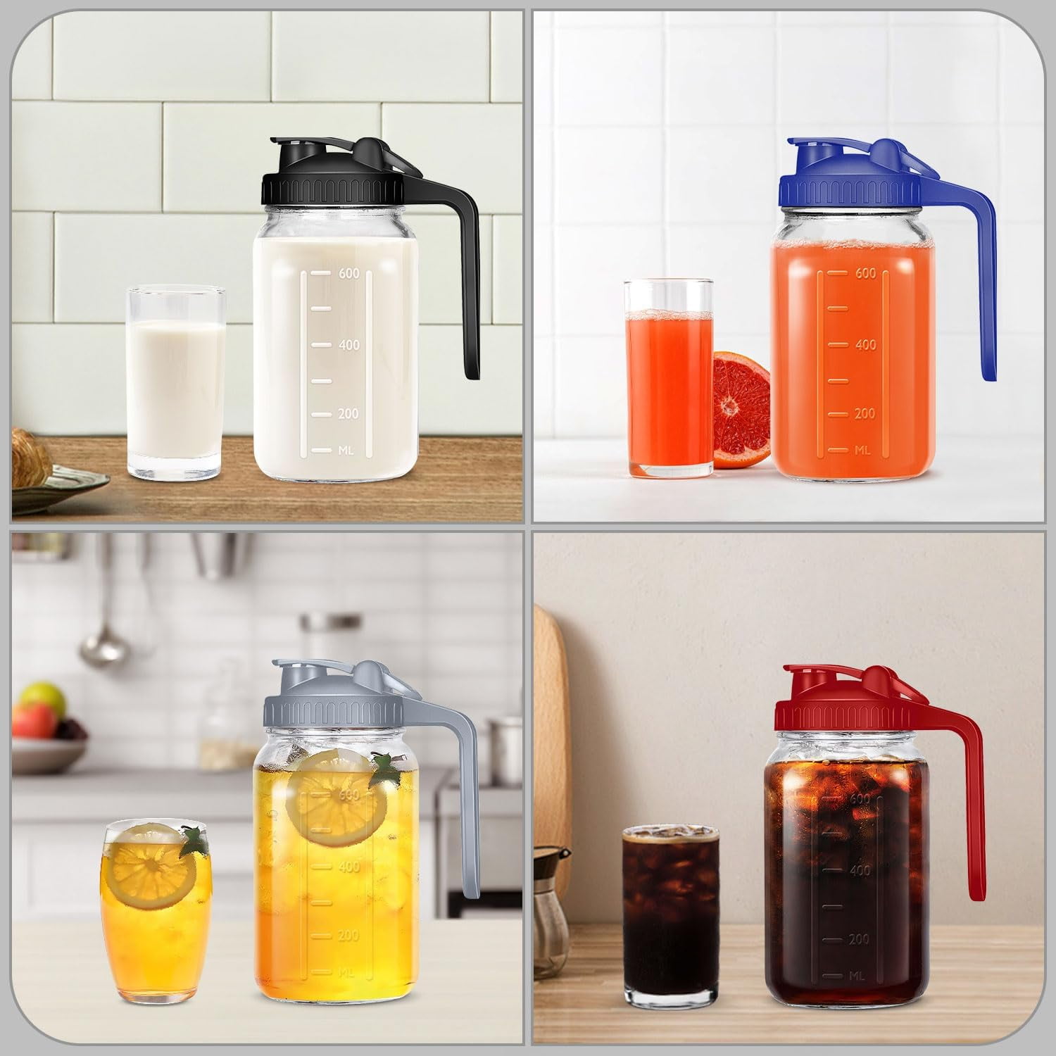 JOGGEIL Glass Pitchers with Lid Set of 2,64OZ Mason Jars with Lid,2 Quart Glass Water Pitcher with Lid,Airtight Seal Wide Mouth Water Jug–Perfect for Cold Brew Coffee,Sun Lemonade, Juice,Milk Blue