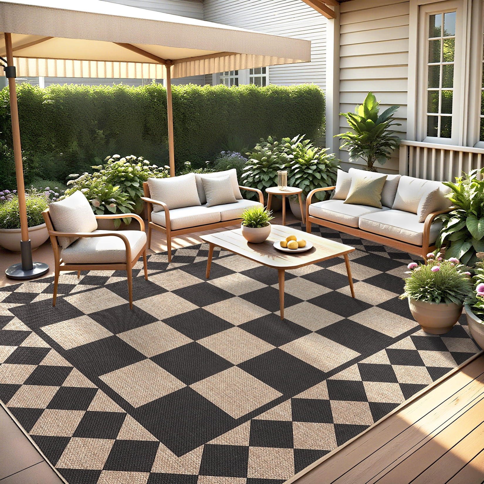 Washable Area Rug 5x7 Modern Checkered Easy Jute Rug, Non-Shedding Low Pile Indoor Outdoor Carpet, Contemporary Floor Mats, Easy Cleaning, for Bedroom, Backyard, Black White