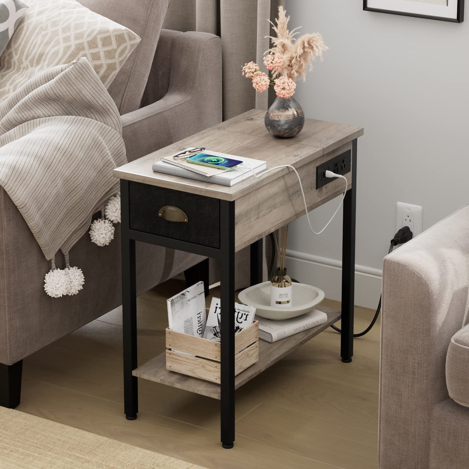 End Table with Charging Station,Side Table with Drawer and Fabric Bag