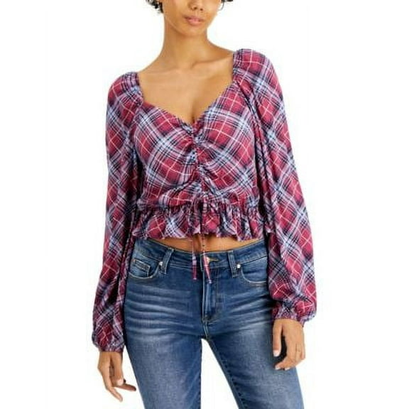 MSRP $34 Just Polly Juniors' Plaid Ruched-Front Top Red Size XL