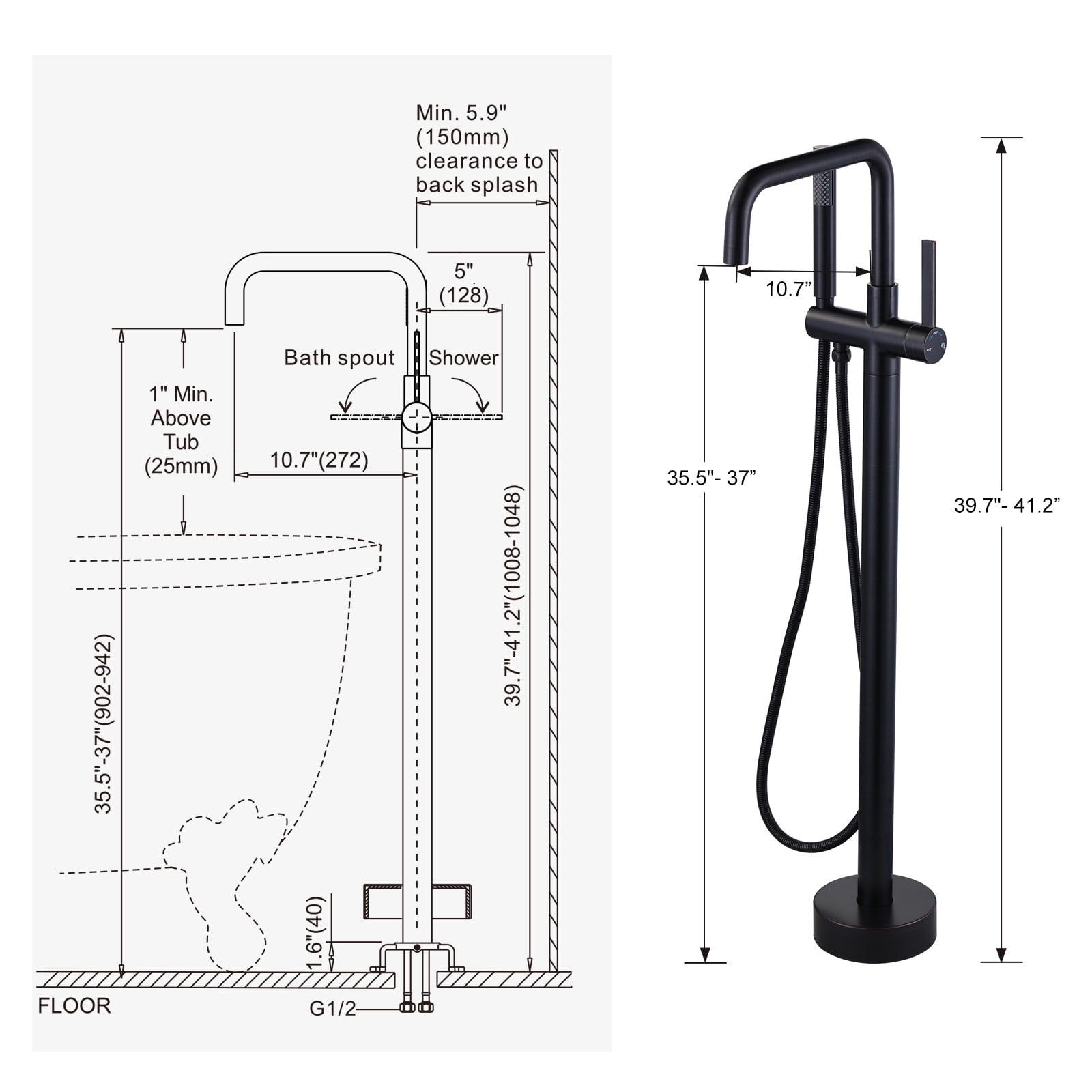 Wowow Brass Single-Handle Freestanding Tub Faucet Floor Mounted with Hand Shower in Oil Rubbed Bronze