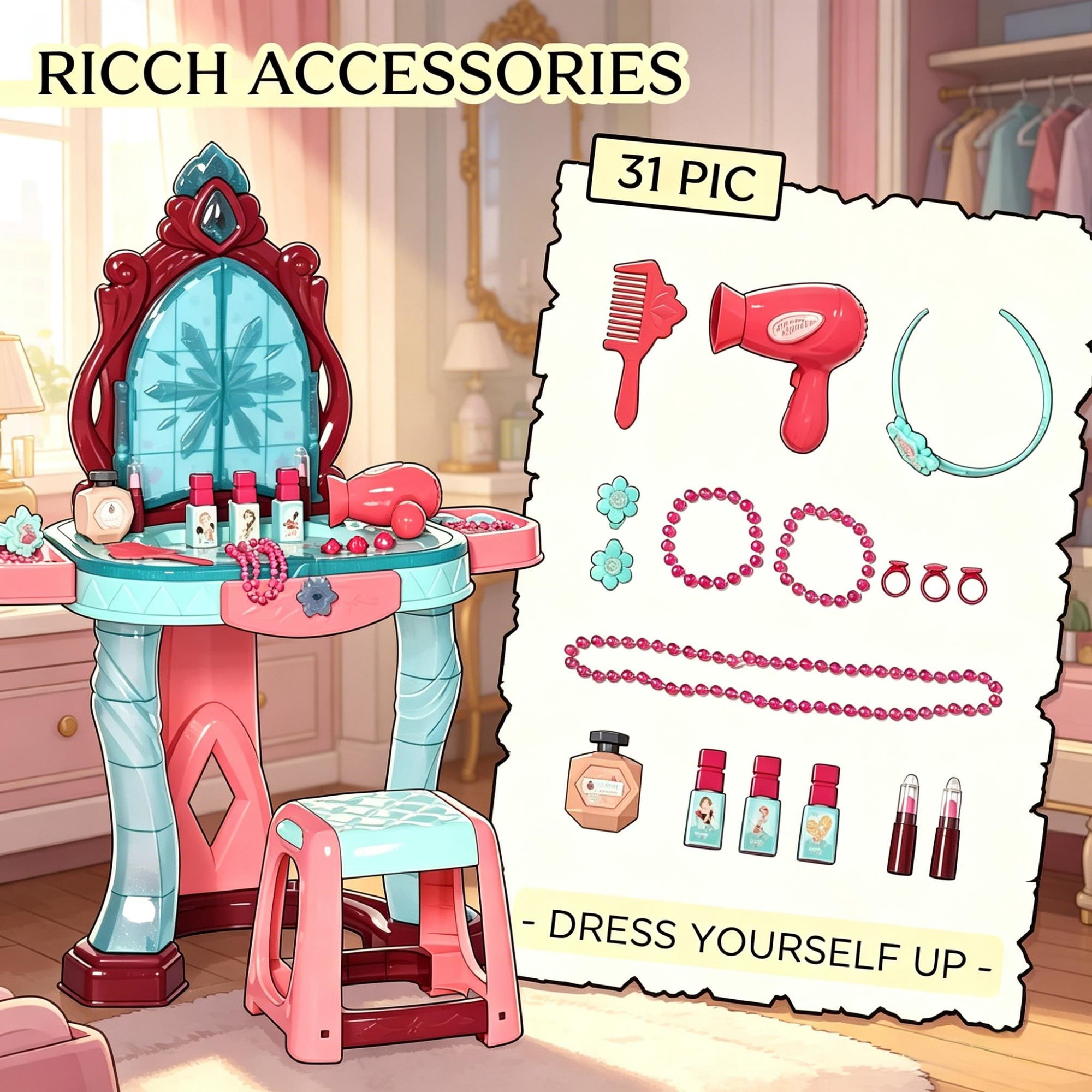 31-Piece Kids Dressing Table with Princess Mirror Lights for Ages 3-6