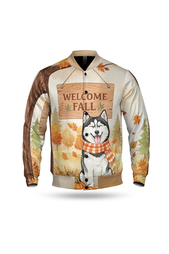 Welcome Fall Siberian Husky Cozy Autumn Field Pumpkins Golden Leaves All Over Print 3D Baseball Jacket Husky Dog Lover Gifts Bomber Jacket Softball - 12013