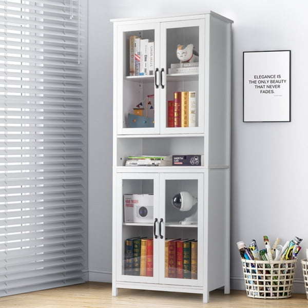 White Library with Doors, Tall Bookshelves with Doors & Adjustable