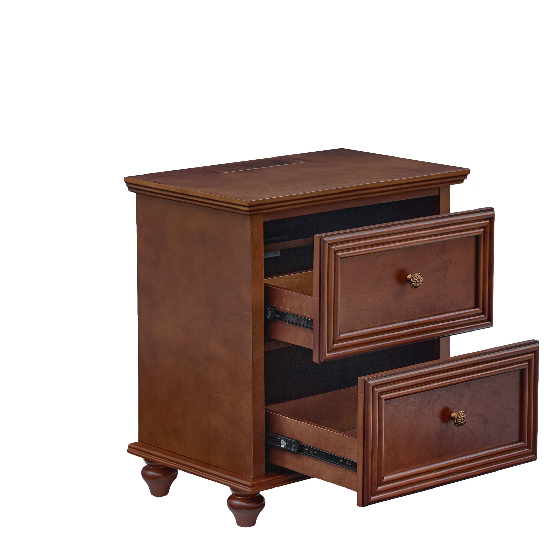 GDF Studio 22.9" Mid Century Modern Nightstand with Charging Station, 2 Drawers & Outlet, Walnut