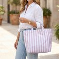 thumbnail image 6 of HUISZJ PVC Striped Tote Bag, Stylish Canvas Handbag, Large Capacity Portable Travel Shoulder Bag for Commuting Work Travel (Purple), 6 of 7