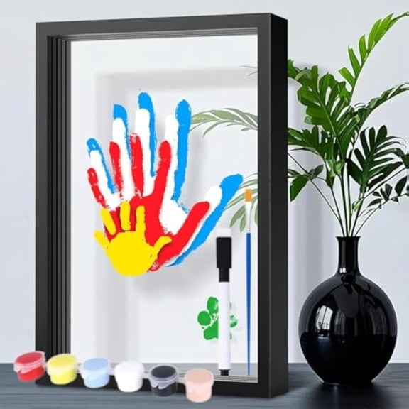 Family Handprint Kit,DIY Craft Keepsake Wooden Frame,Personalized Family Hand Casting Kit with 4 Clear Acrylic Boards & 8-Color Pigment,Memory Gift for New Families Baby Pet(Black)